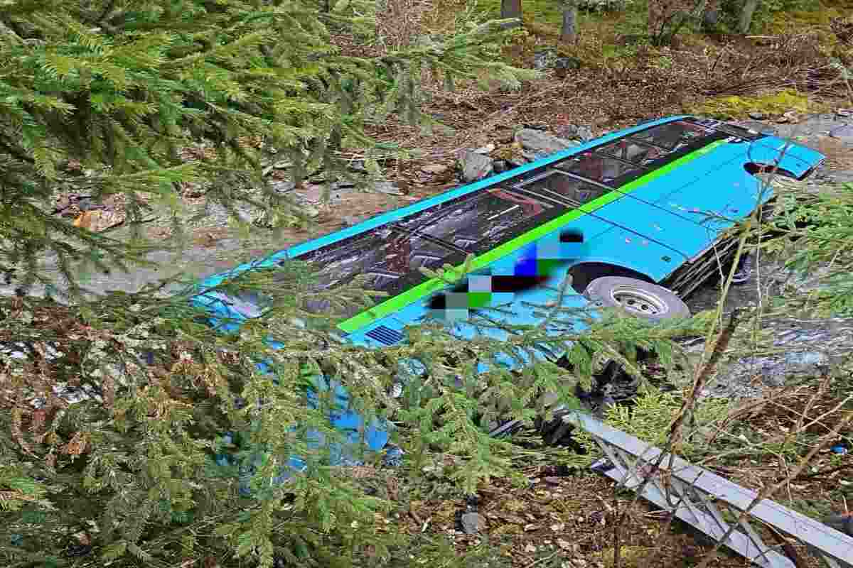 immagine d'archivio di un pullman in una scarpata