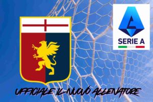 porta di calcio loghi del genoa e della serie a e scritta ufficiale nuovo allenatore